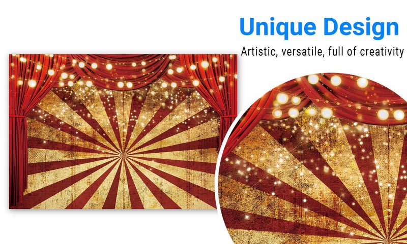 Funnytree 7x5ft Golden Glitter Red Curtain Halloween Photography Backdrop Circus Carnival Sparkle Stripes Background Baby Shower Birthday Party Portrait Cake Table Decor Banner Photo Booth Props - Image 2